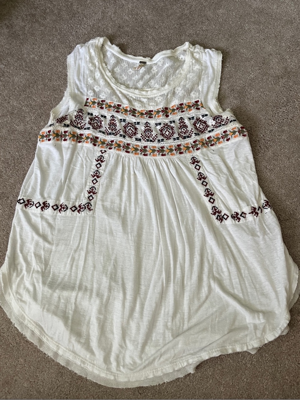 Free People Girls Cream Embroidered Boho Tank Dress with Multicolor Floral Trim